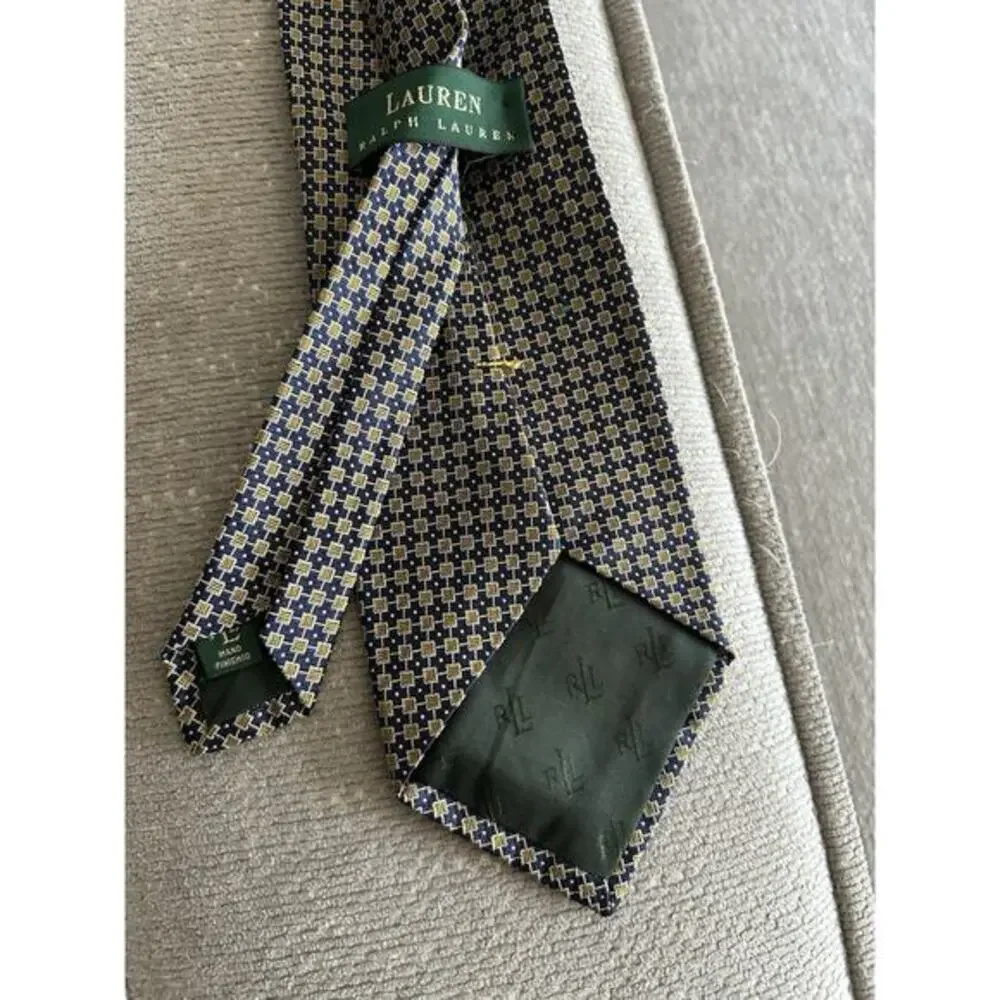 Lauren Ralph Lauren Silk Luxury Tie Mens Gold Blue Geometric Preppy Old Money